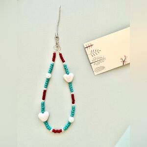 Handmade Phone Strap with Turquoise Dark Red Beads Heart Charm Phone Accessories